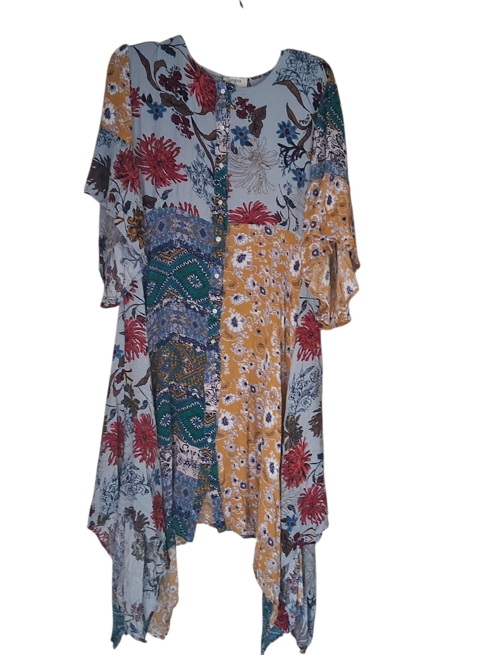 Umgee Floral Patchwork Tunic Mini Dress Cottagecore Hippie Large Fairy Hem Boho
